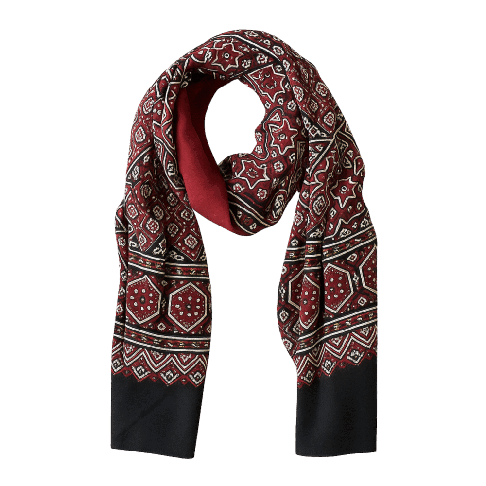 Pakistani Maroon Pure Cotton Block Printed Sindhi Chaddar | Sindhi Ajrak Neck Wrap Scarf Shawl – Unisex