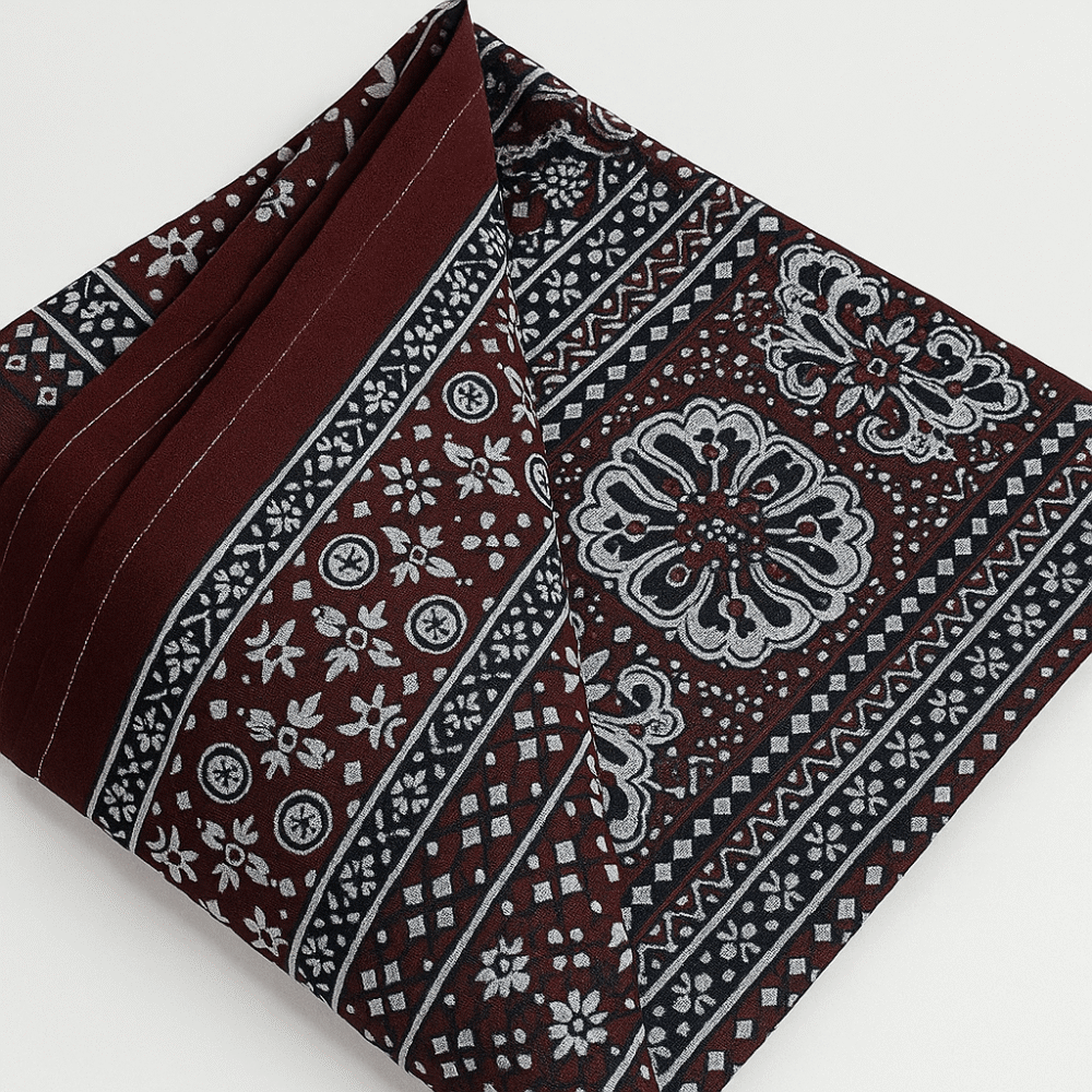Linen Block Printed Fancy Sindhi Ajrak Shawl with Shimmer - Image 2