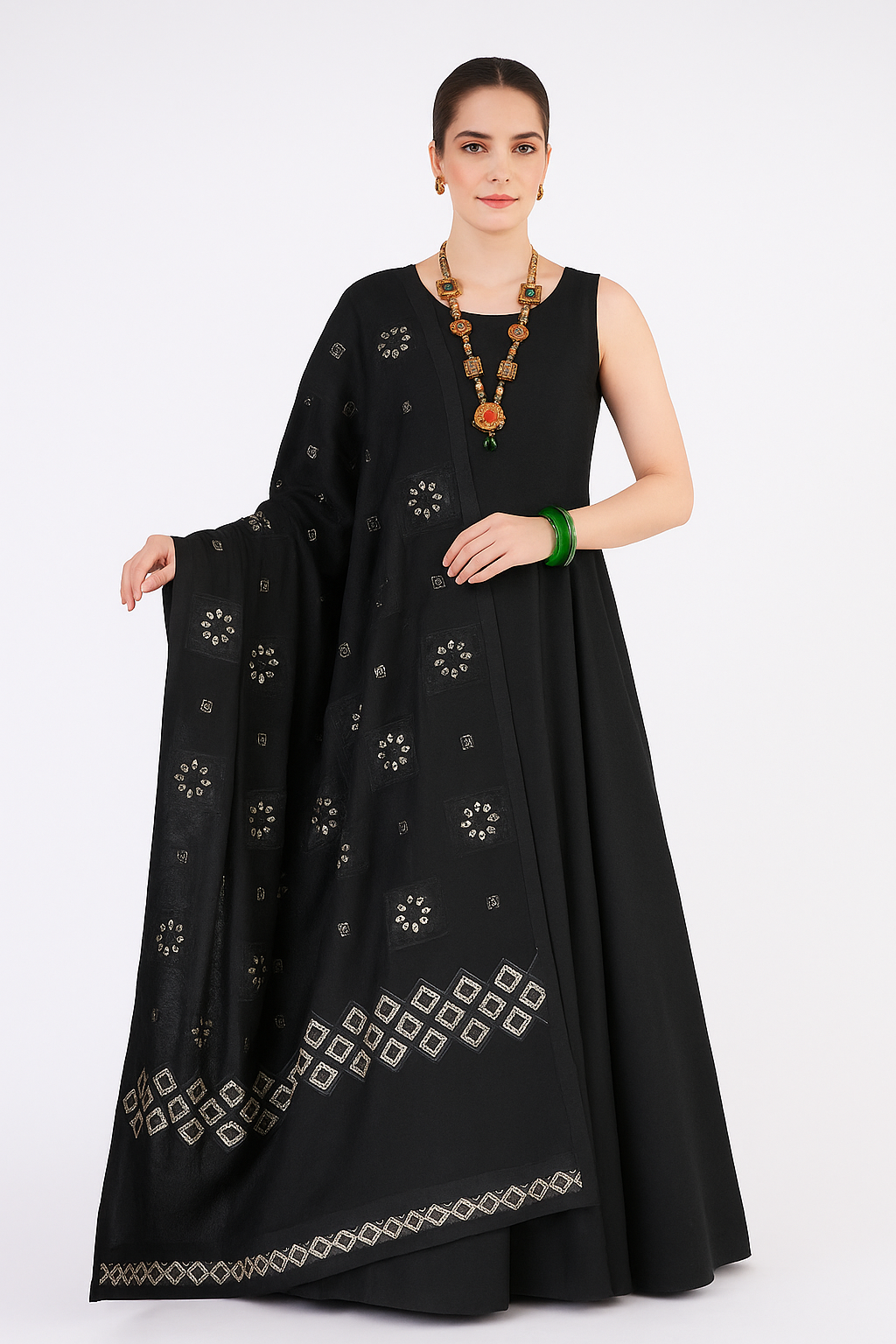 Jet Black Chikankari Embroidery Shawl with Net Border – Elegant & Lightweight