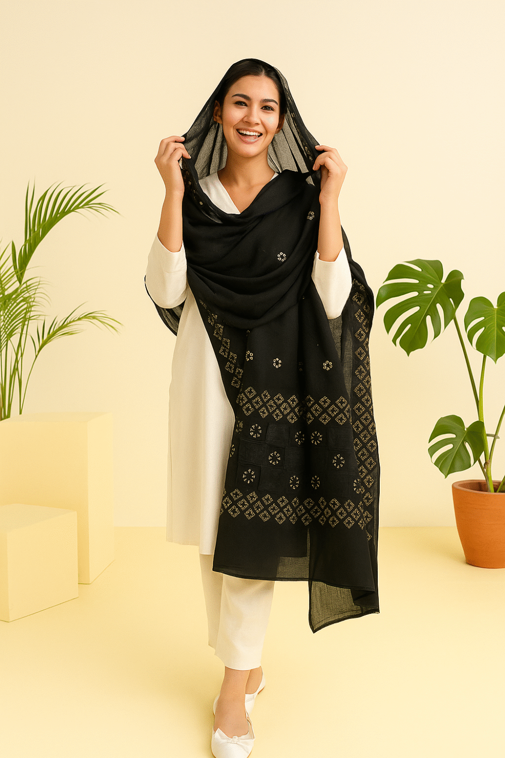 Jet Black Chikankari Embroidery Shawl with Net Border – Elegant & Lightweight - Image 2