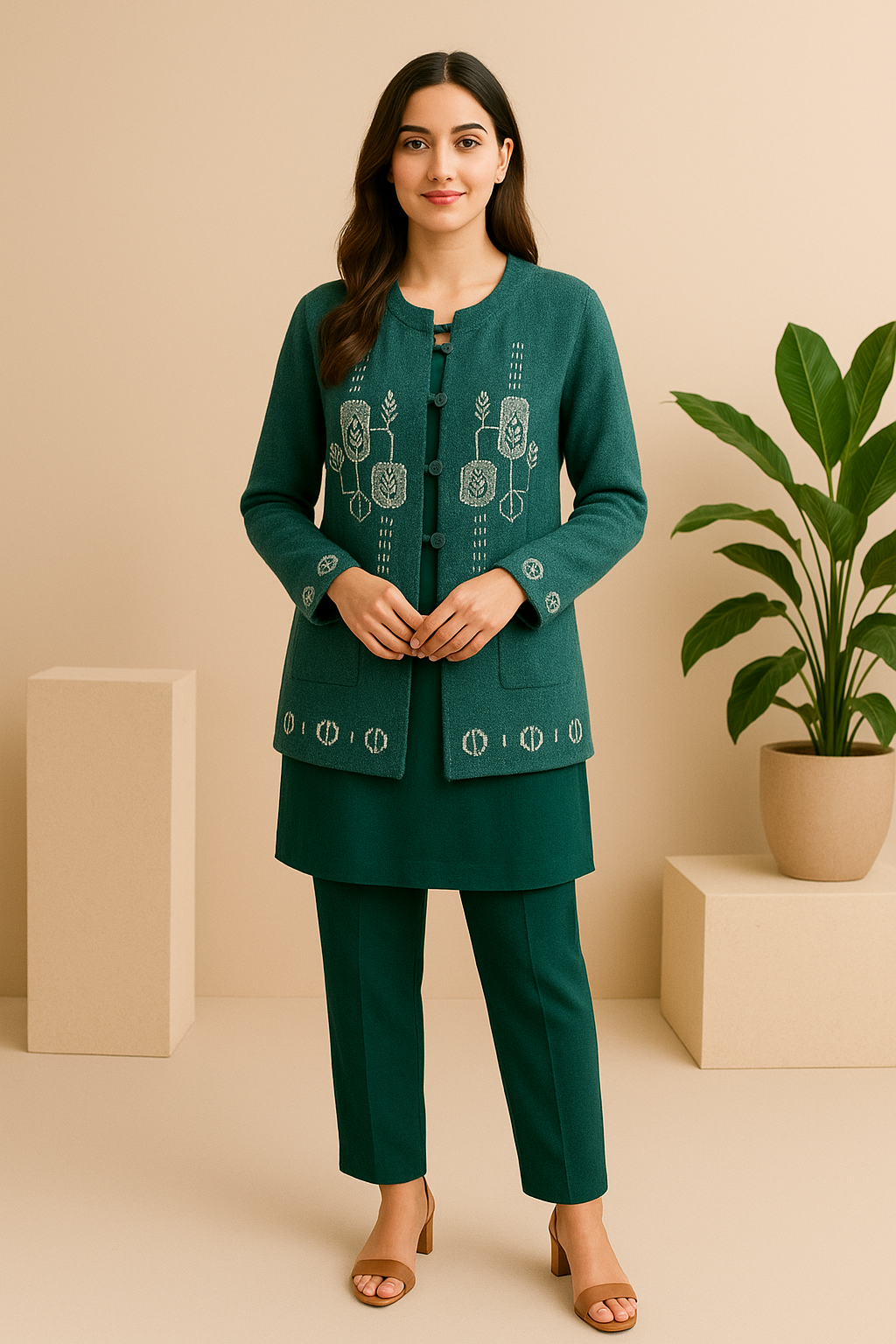 Deep Emerald Wool-Blend Cardigan With Full Sleeves And Handcrafted Geometric Embroidery