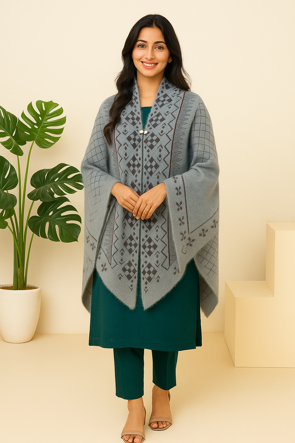 Grey Woolen Poncho With Geometric Black & Maroon Pattern