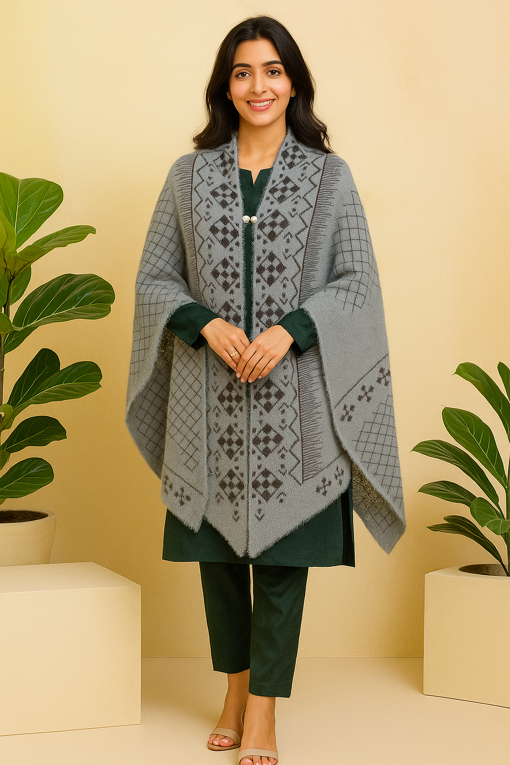 Grey Woolen Poncho With Geometric Black & Maroon Pattern - Image 2