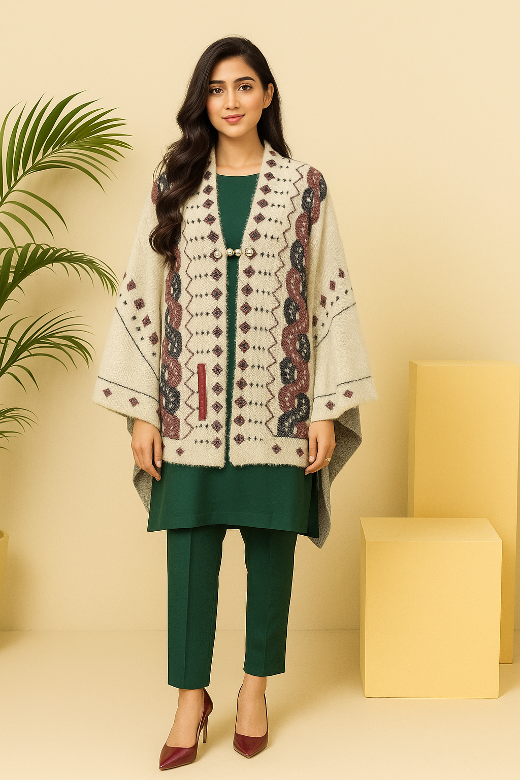 Ivory Woolen Sweater With Geometric Maroon & Charcoal Design