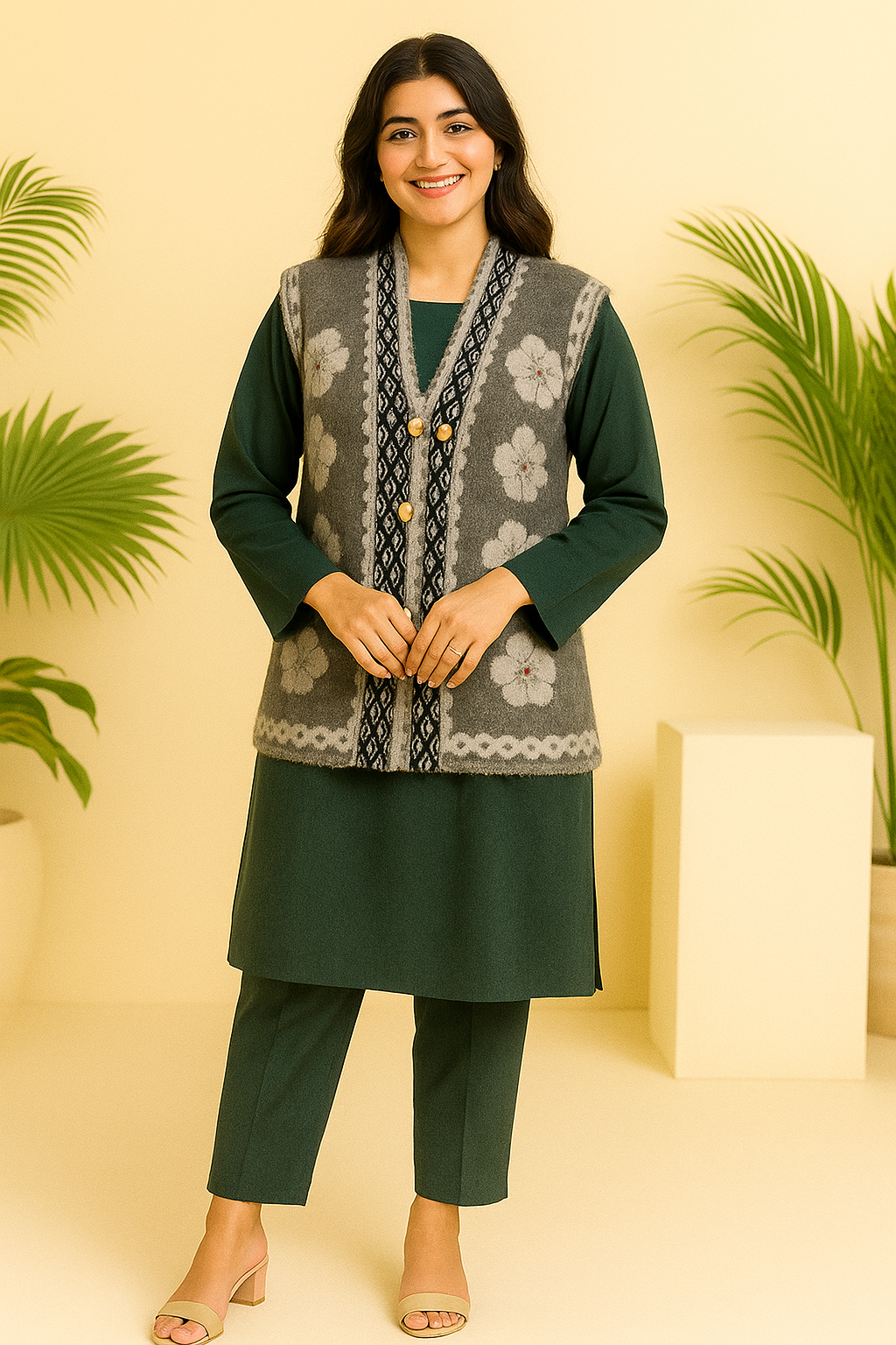 Grey Sleeveless Wool Sweater With White Floral Pattern And Golden Buttons