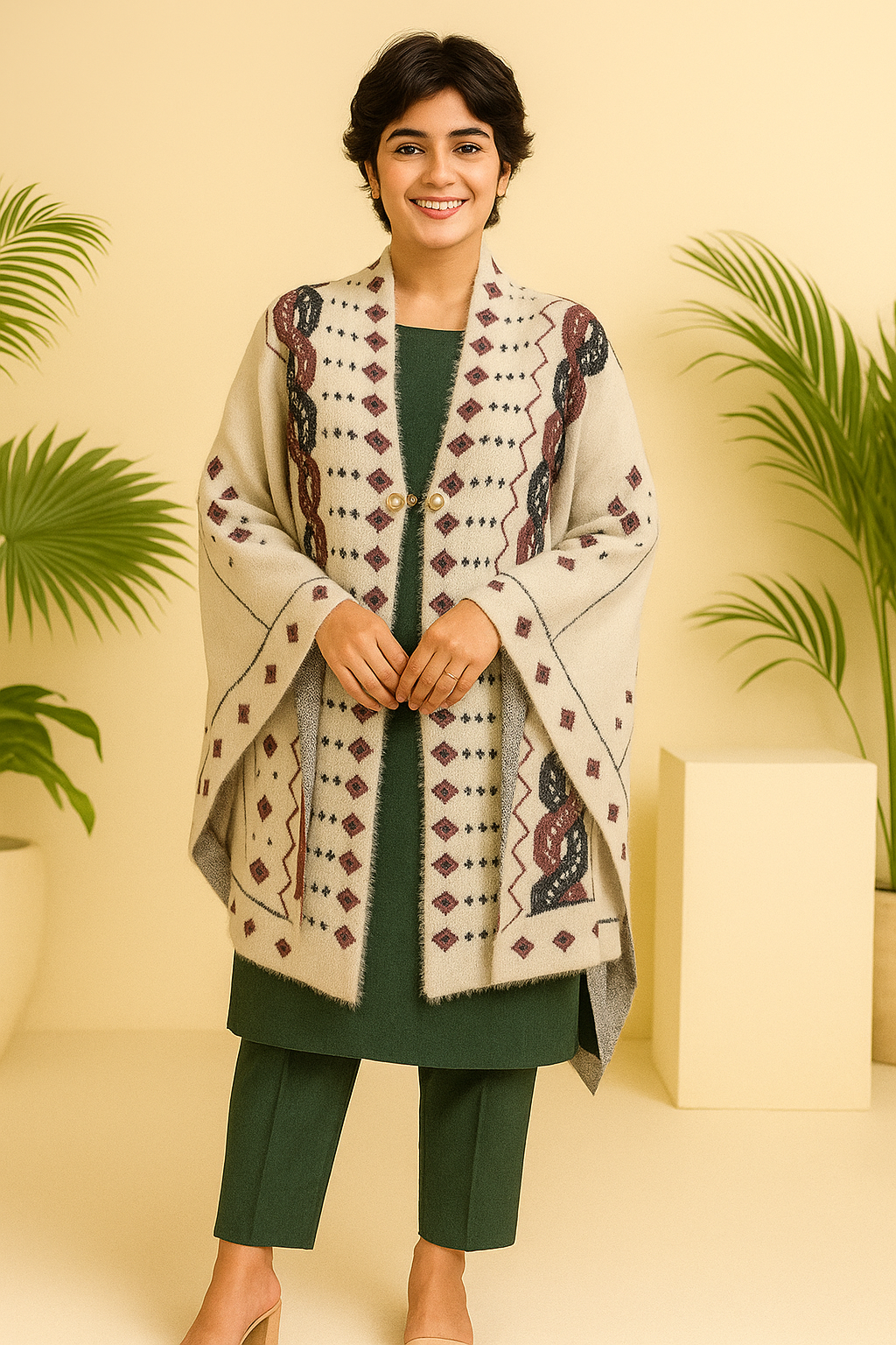 Ivory Woolen Sweater With Geometric Maroon & Charcoal Design - Image 2