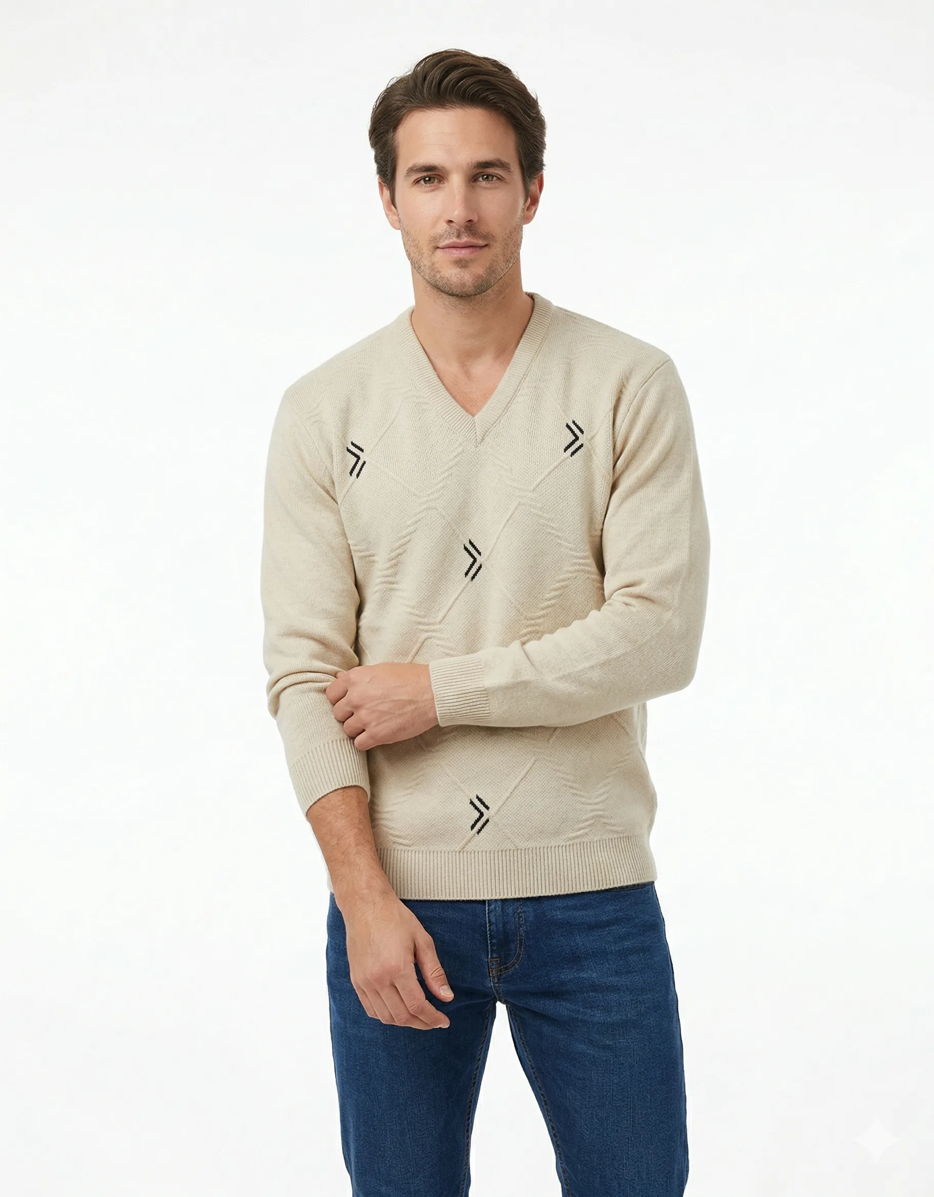 Textured Diamond Knit V-Neck Sweater — Sand - Image 2
