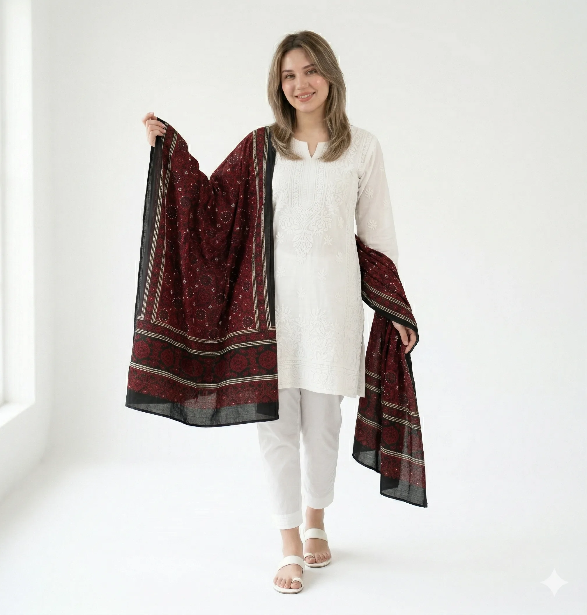 Swiss Lawn Sindhi Ajrak – Elegant Maroon & Black - Image 2