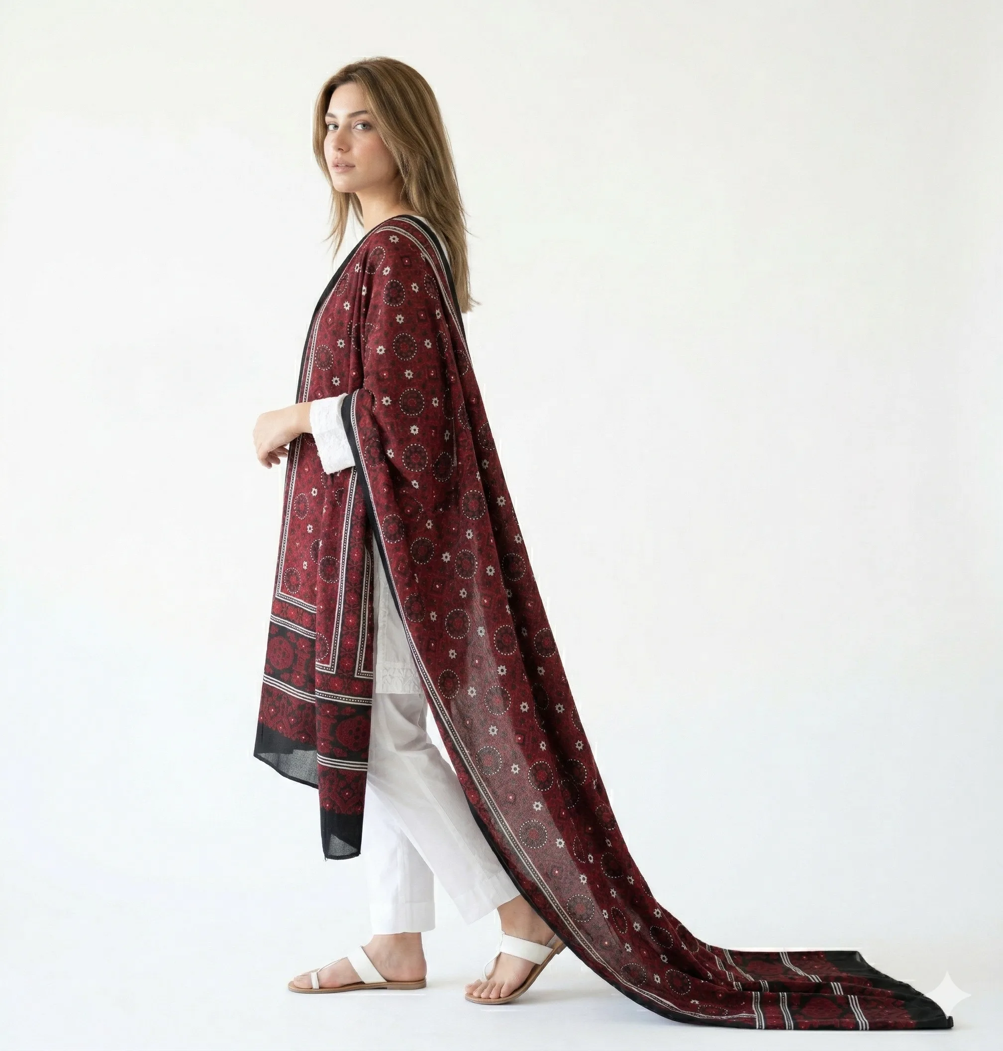 Swiss Lawn Sindhi Ajrak – Elegant Maroon & Black - Image 4