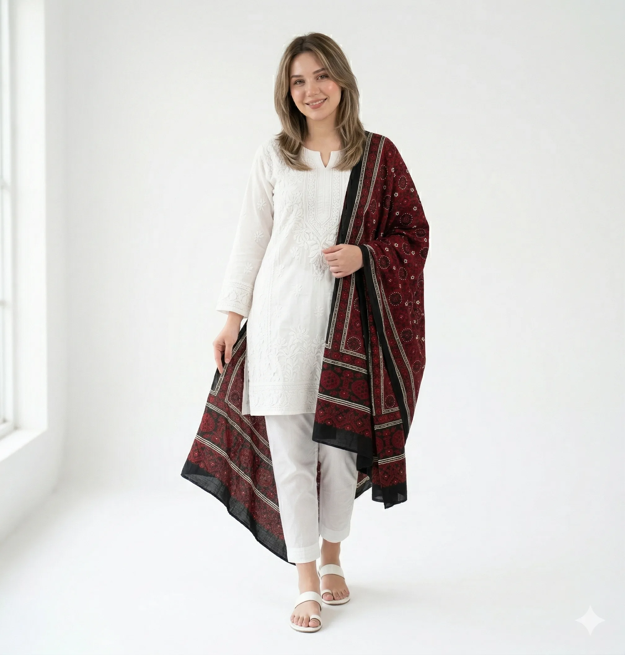 Swiss Lawn Sindhi Ajrak – Elegant Maroon & Black - Image 3