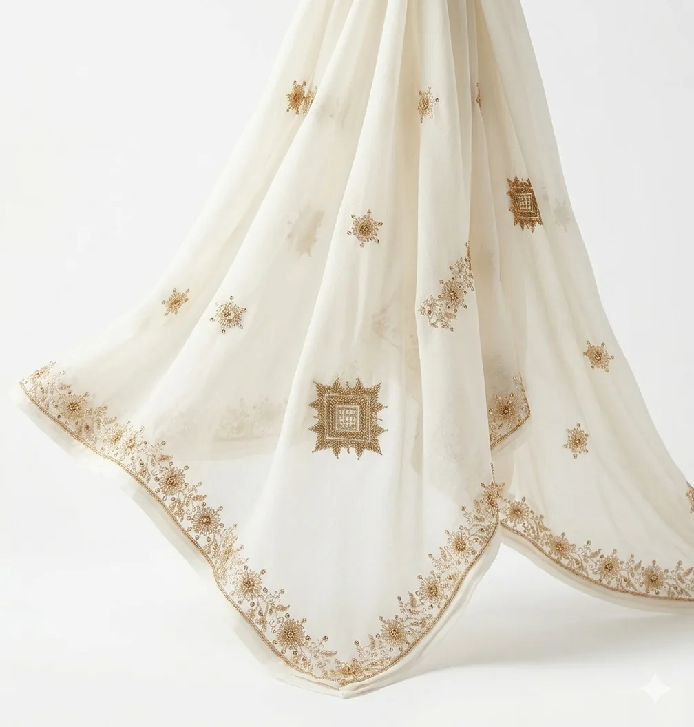 Pristine White Handmade Shawl Pakistan With Gold Embroidery - Image 3