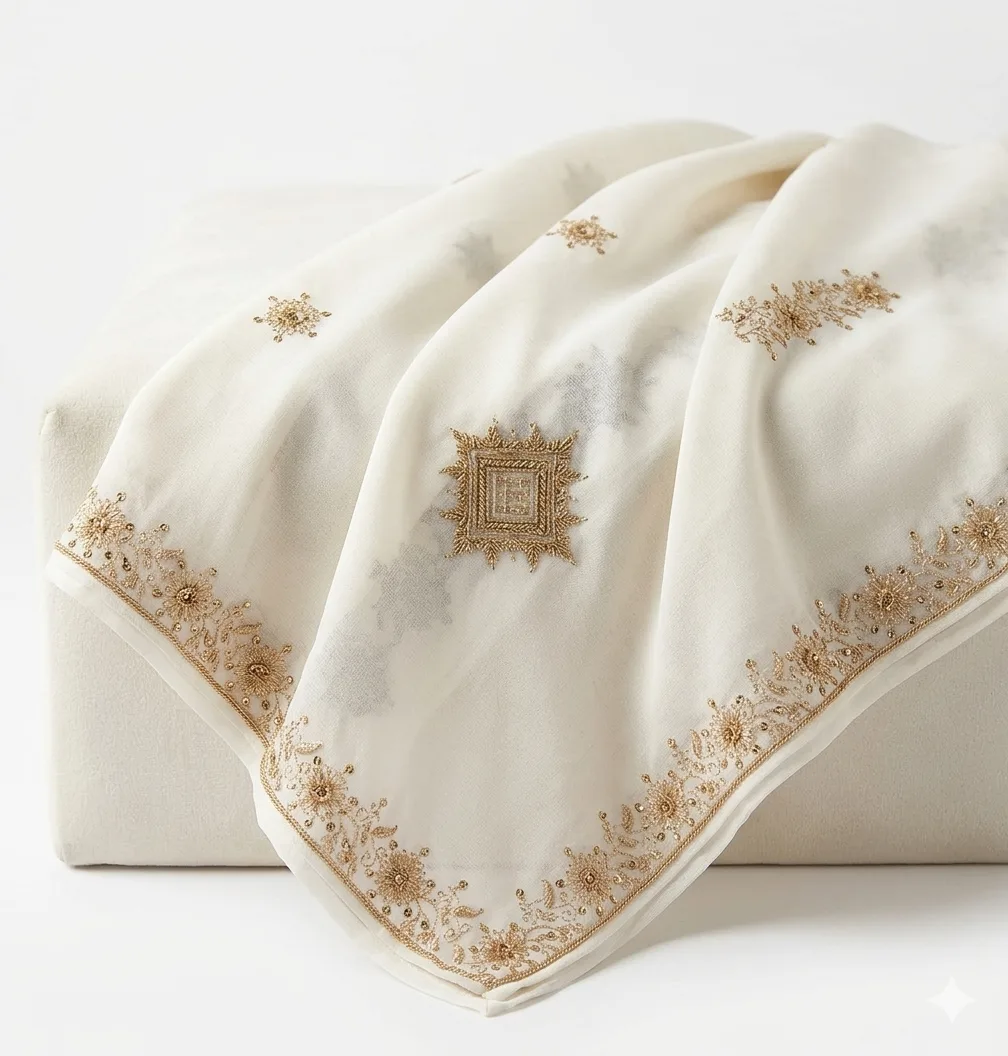 Pristine White Handmade Shawl Pakistan With Gold Embroidery - Image 2