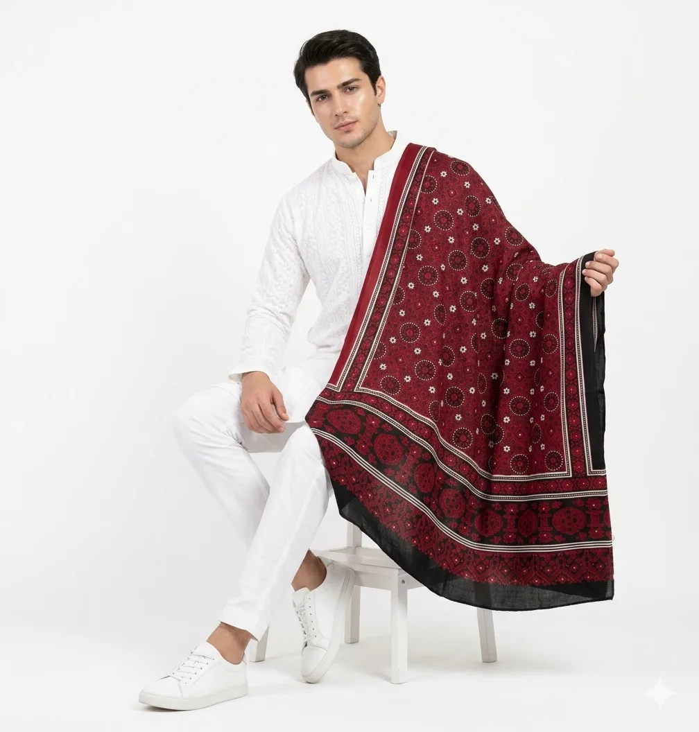 Swiss Lawn Sindhi Ajrak – Elegant Maroon & Black - Image 4