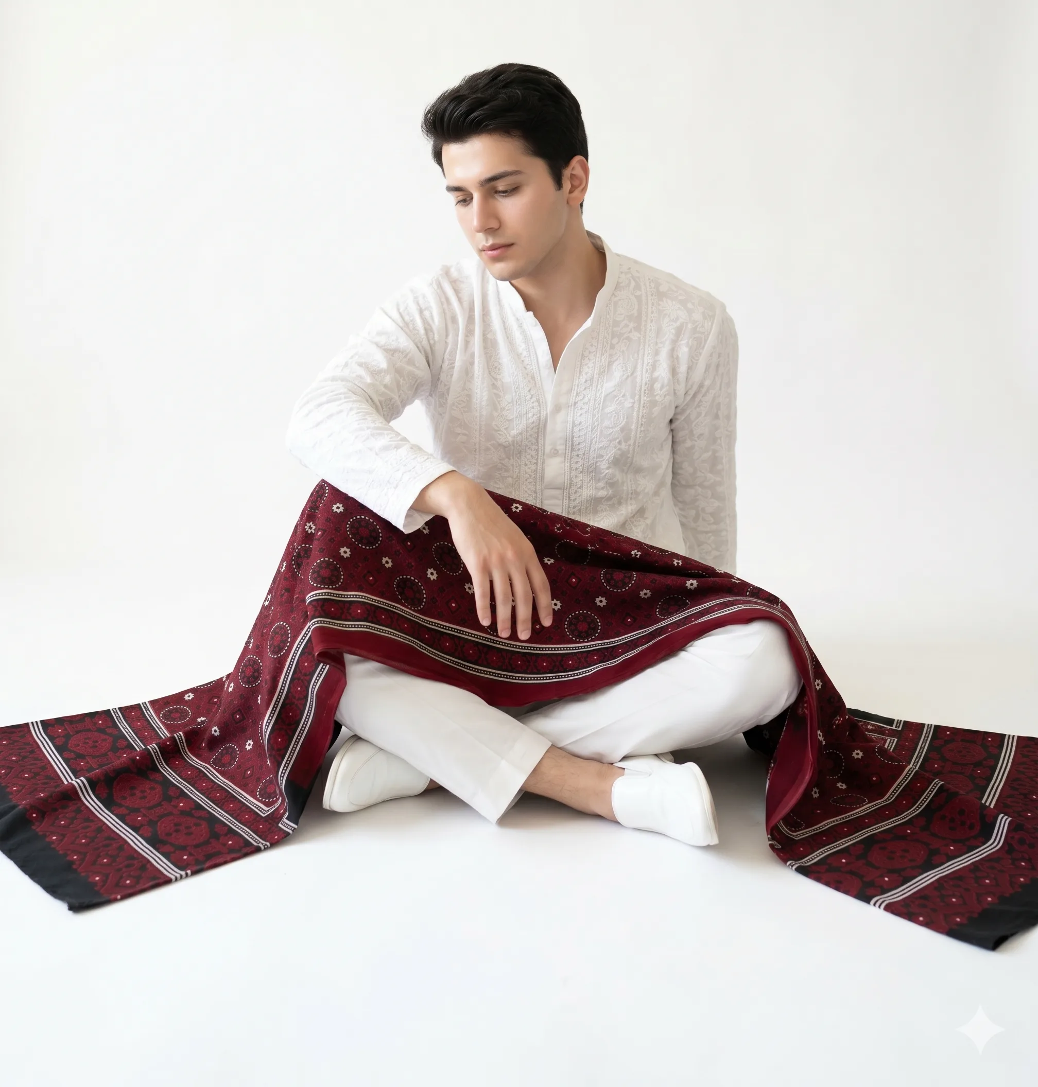Swiss Lawn Sindhi Ajrak – Elegant Maroon & Black - Image 3