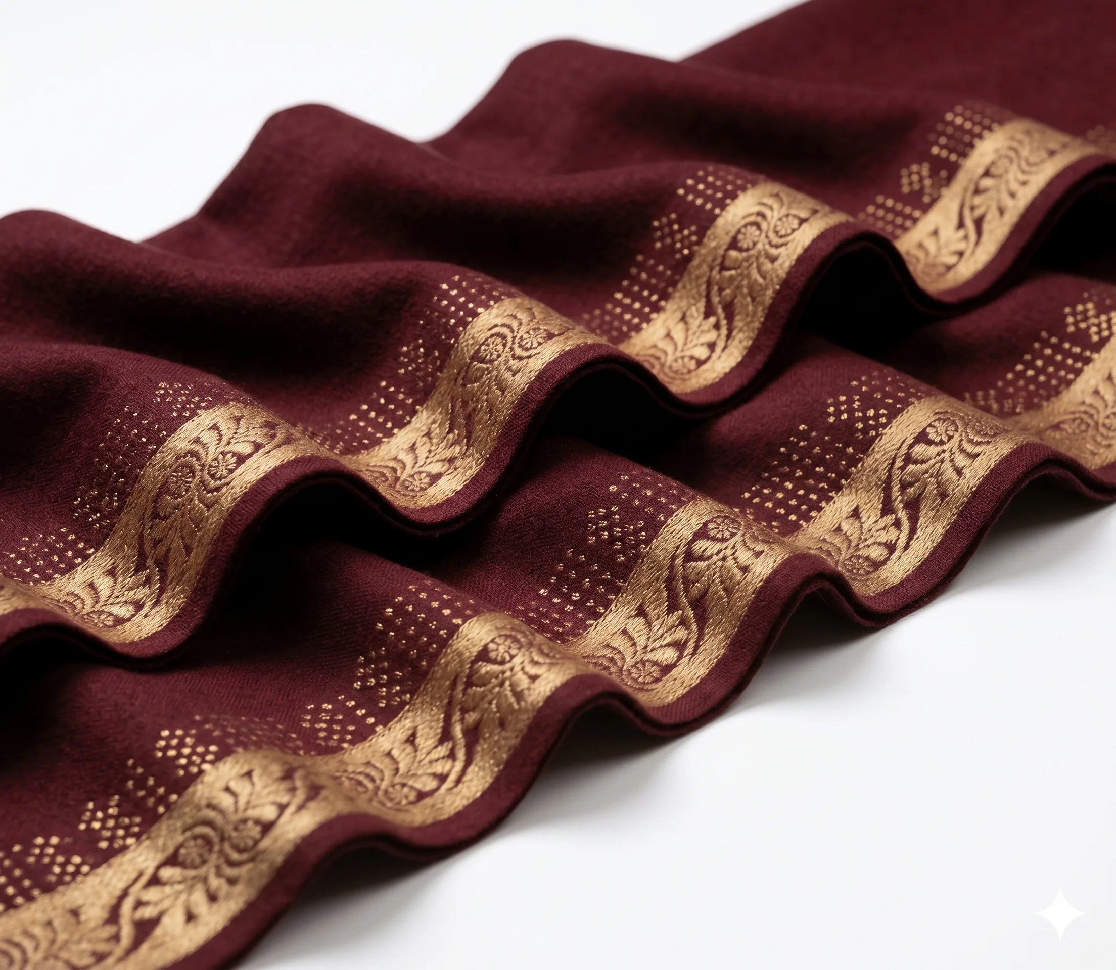 Deep Maroon Lawn Handmade Shawl Pakistan With Gold Border - Image 4