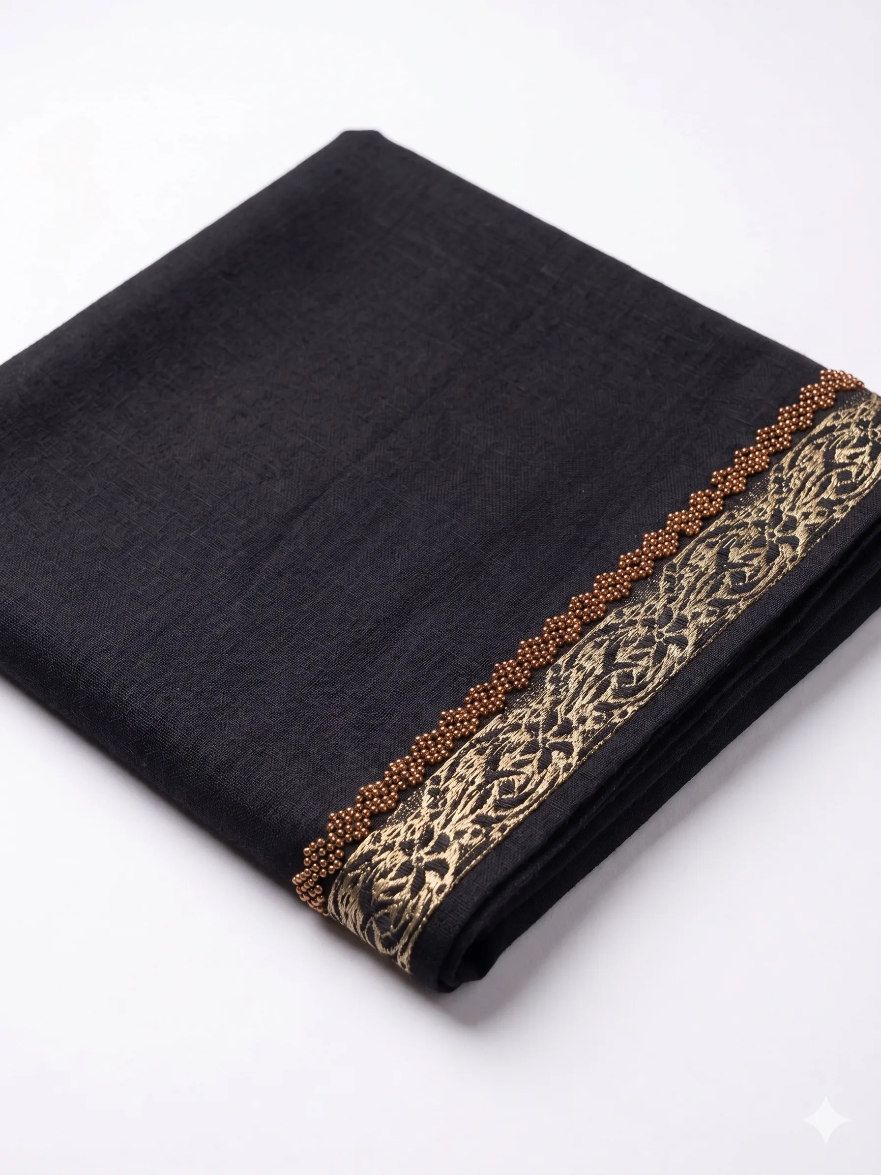 Classic Black Lawn Handmade Shawl Pakistan With Gold Border - Image 2