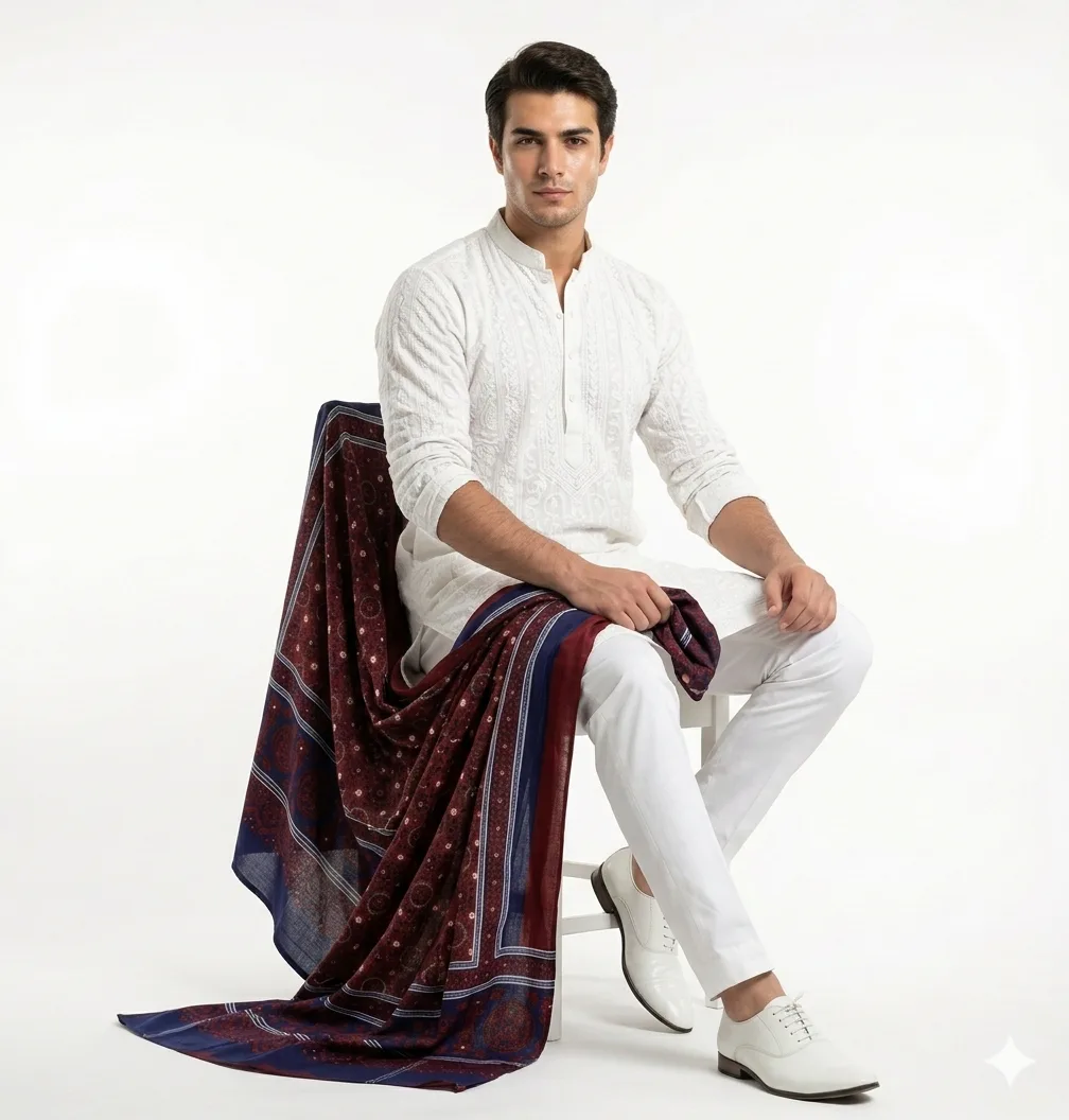 Swiss Lawn Sindhi Ajrak – Maroon & Royal Blue - Image 4