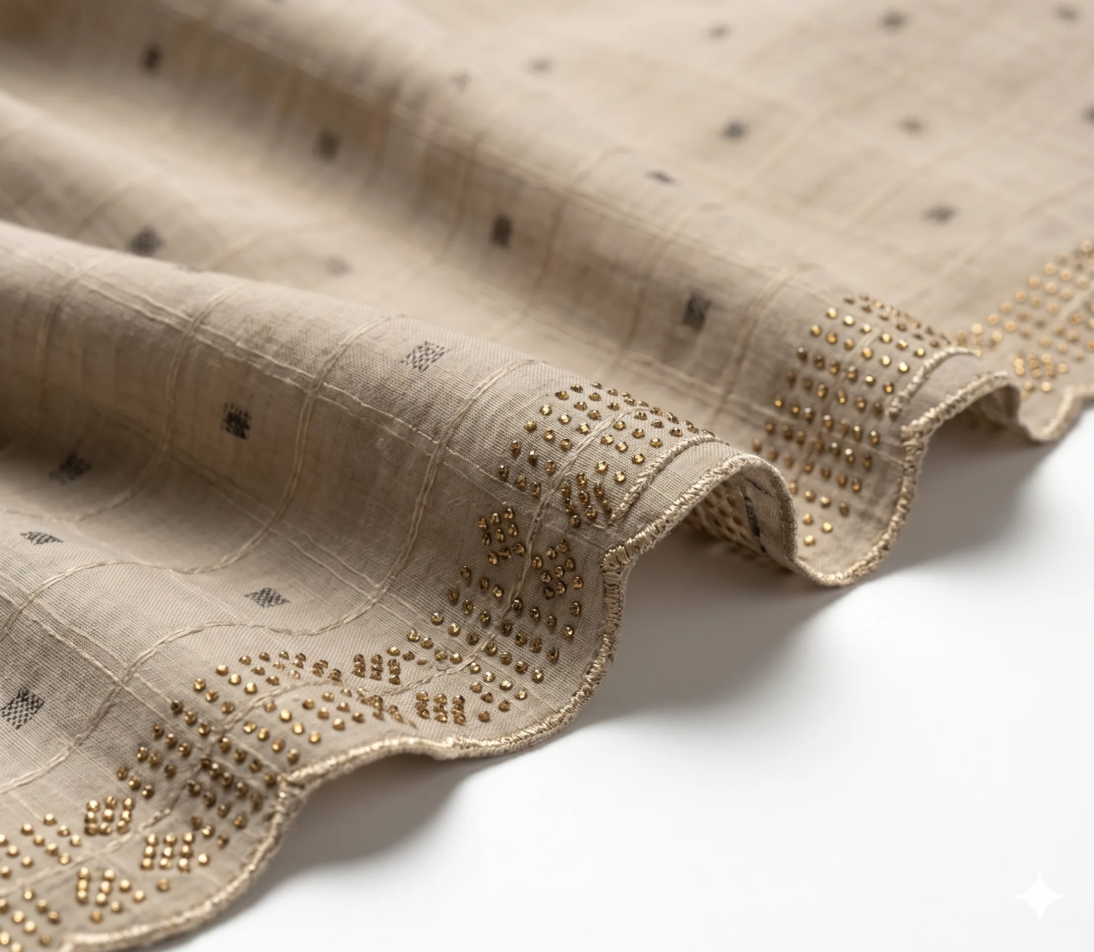 Elegant Nude Beige Handmade Shawl Pakistan With Gold Beadwork - Image 2