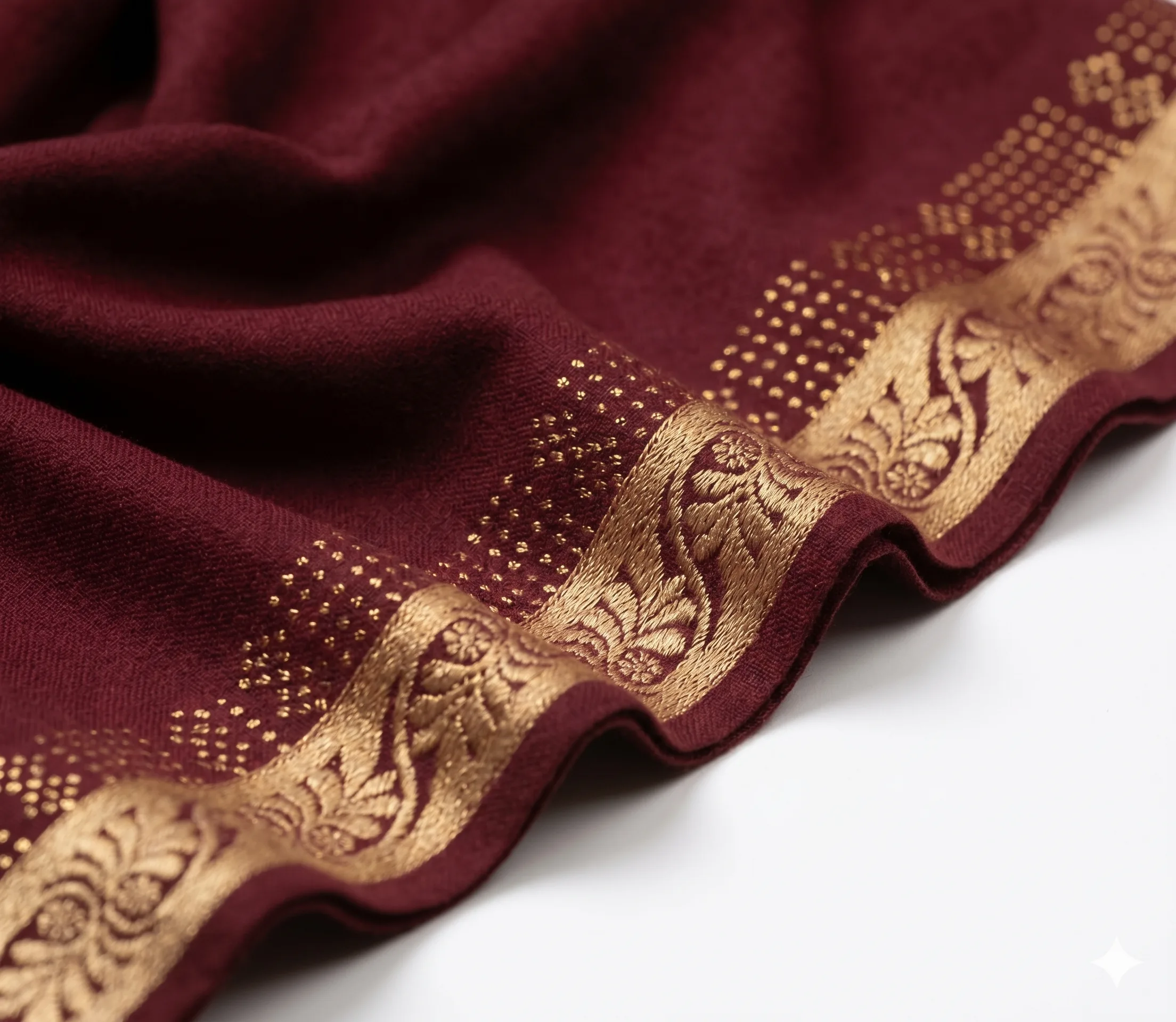 Deep Maroon Lawn Handmade Shawl Pakistan With Gold Border - Image 2