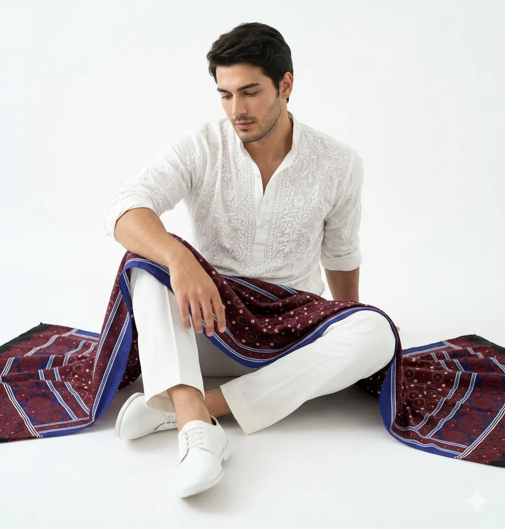 Swiss Lawn Sindhi Ajrak – Maroon & Royal Blue - Image 6