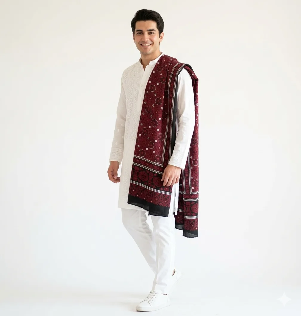 Swiss Lawn Sindhi Ajrak – Elegant Maroon & Black - Image 2
