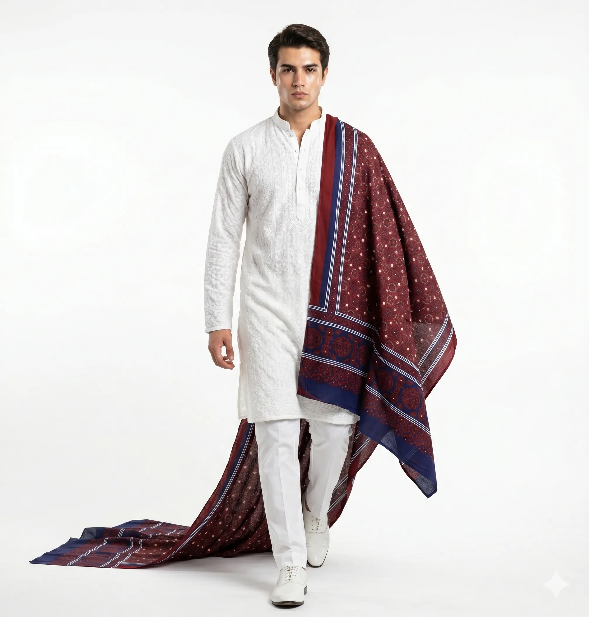 Swiss Lawn Sindhi Ajrak – Maroon & Royal Blue - Image 3