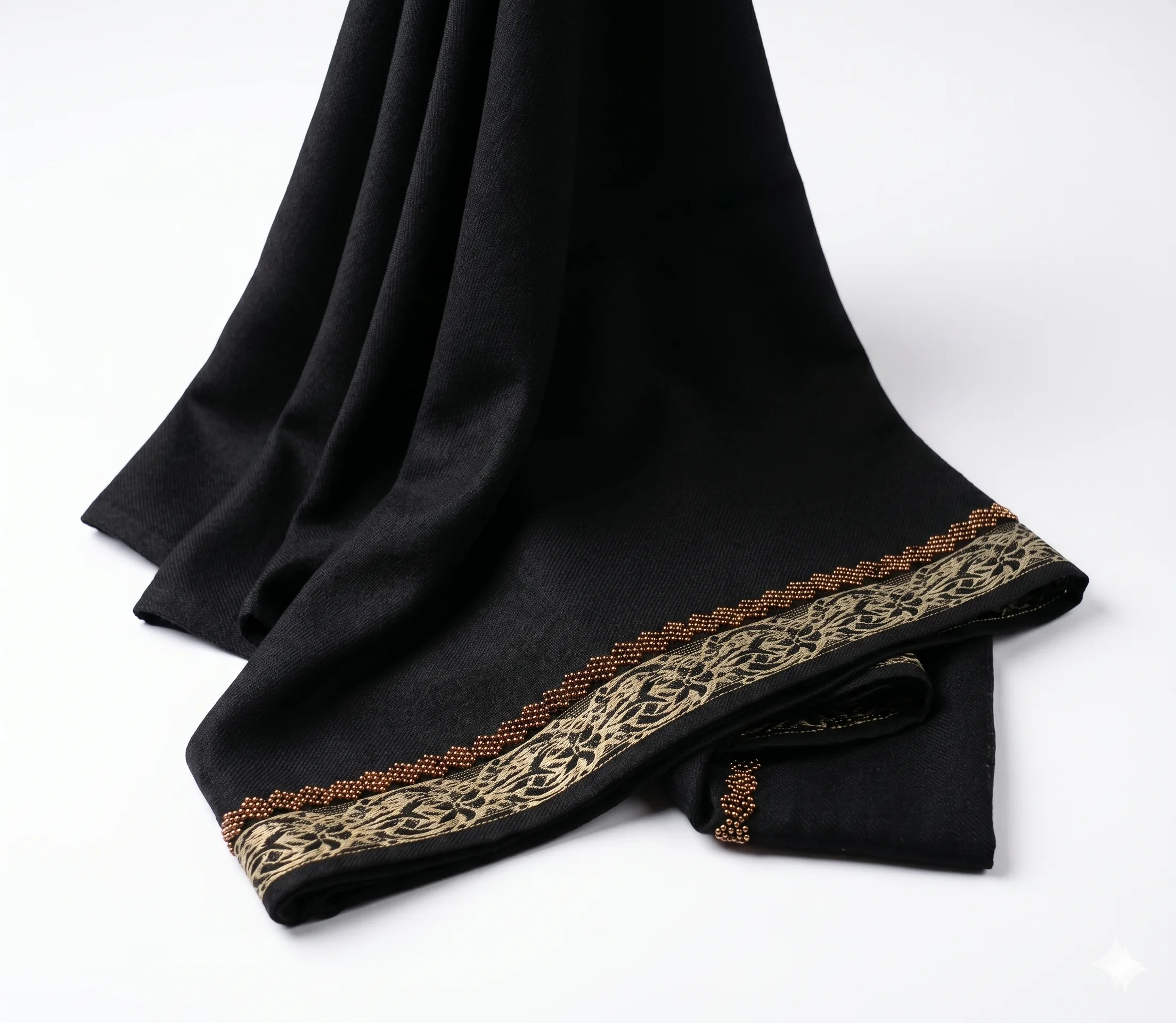 Classic Black Lawn Handmade Shawl Pakistan With Gold Border - Image 4