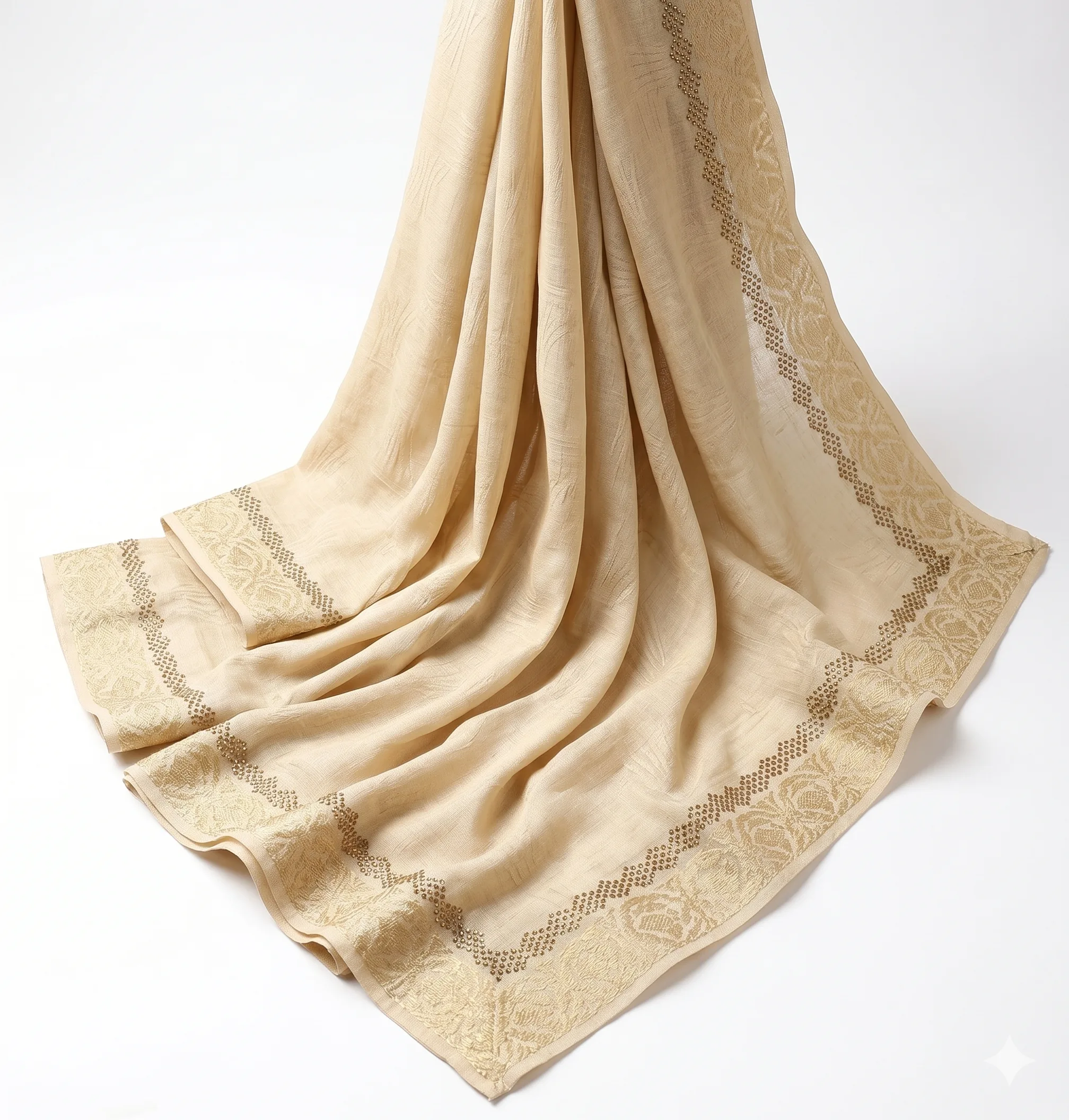 Light Beige Lawn Handmade Shawl Pakistan With Rhinestone Border - Image 3