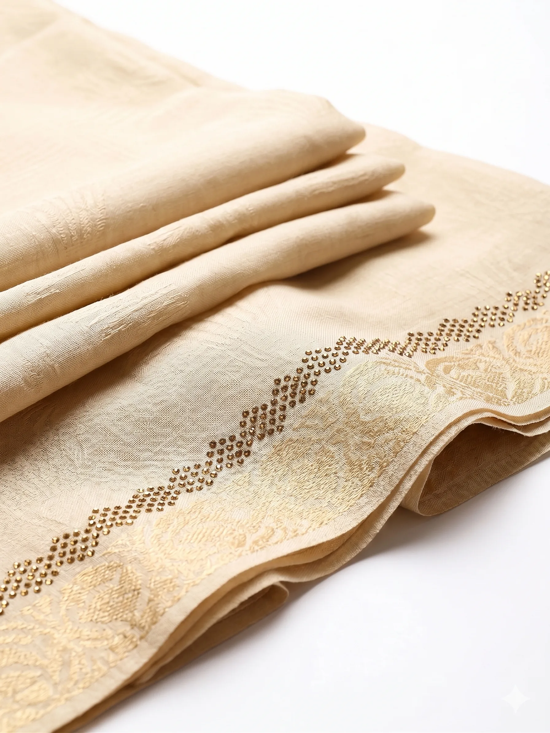 Light Beige Lawn Handmade Shawl Pakistan With Rhinestone Border - Image 2