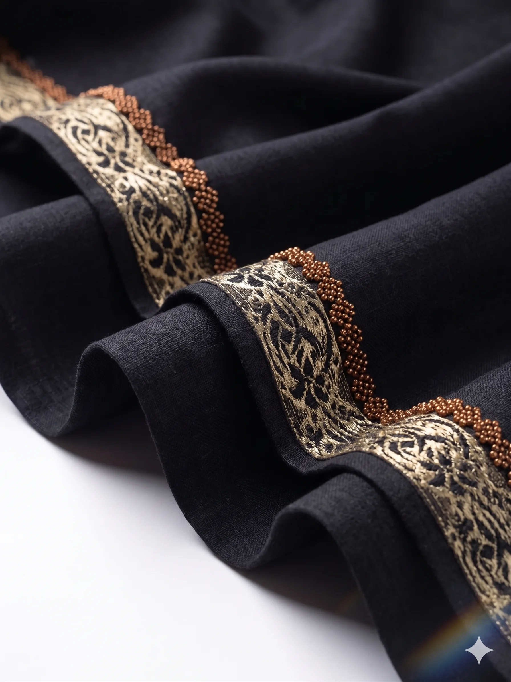 Classic Black Lawn Handmade Shawl Pakistan With Gold Border - Image 3