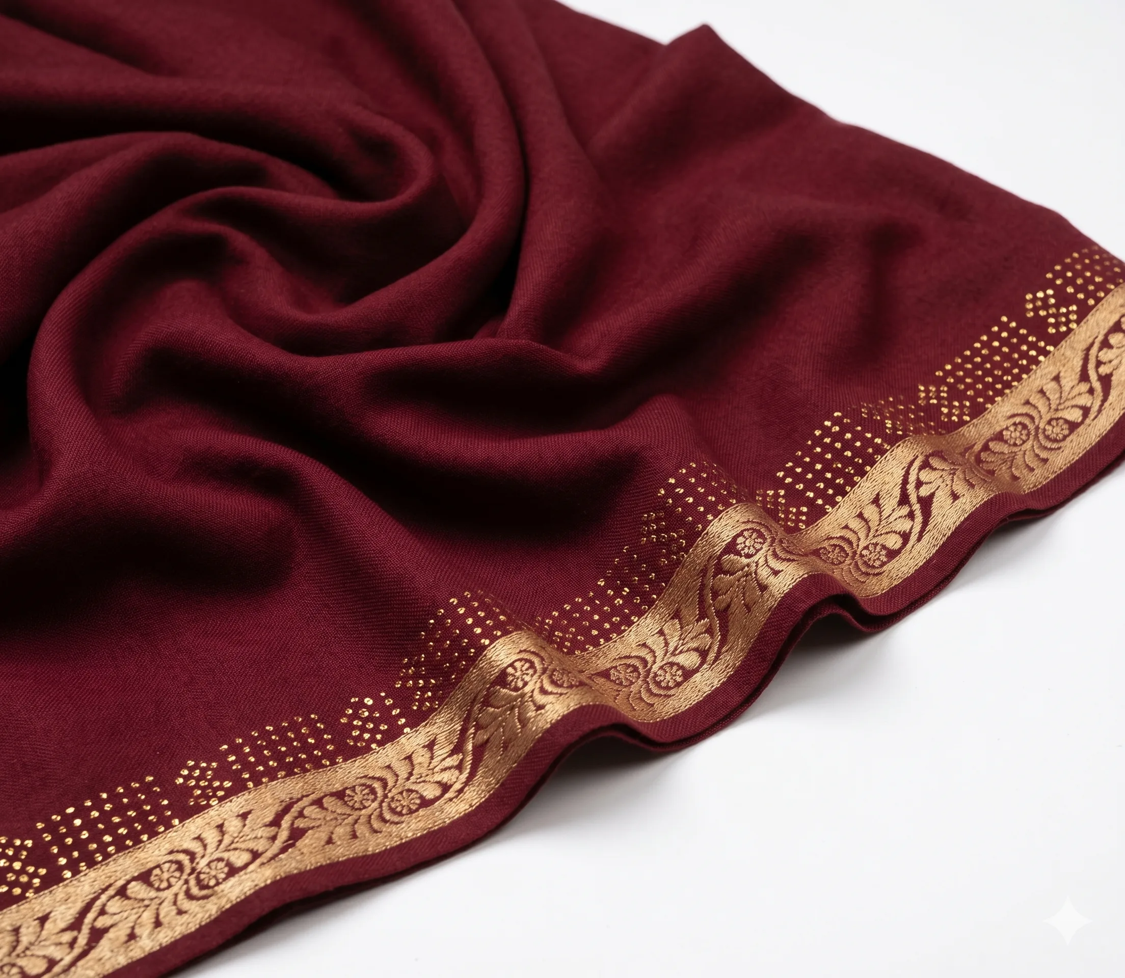 Deep Maroon Lawn Handmade Shawl Pakistan With Gold Border - Image 3