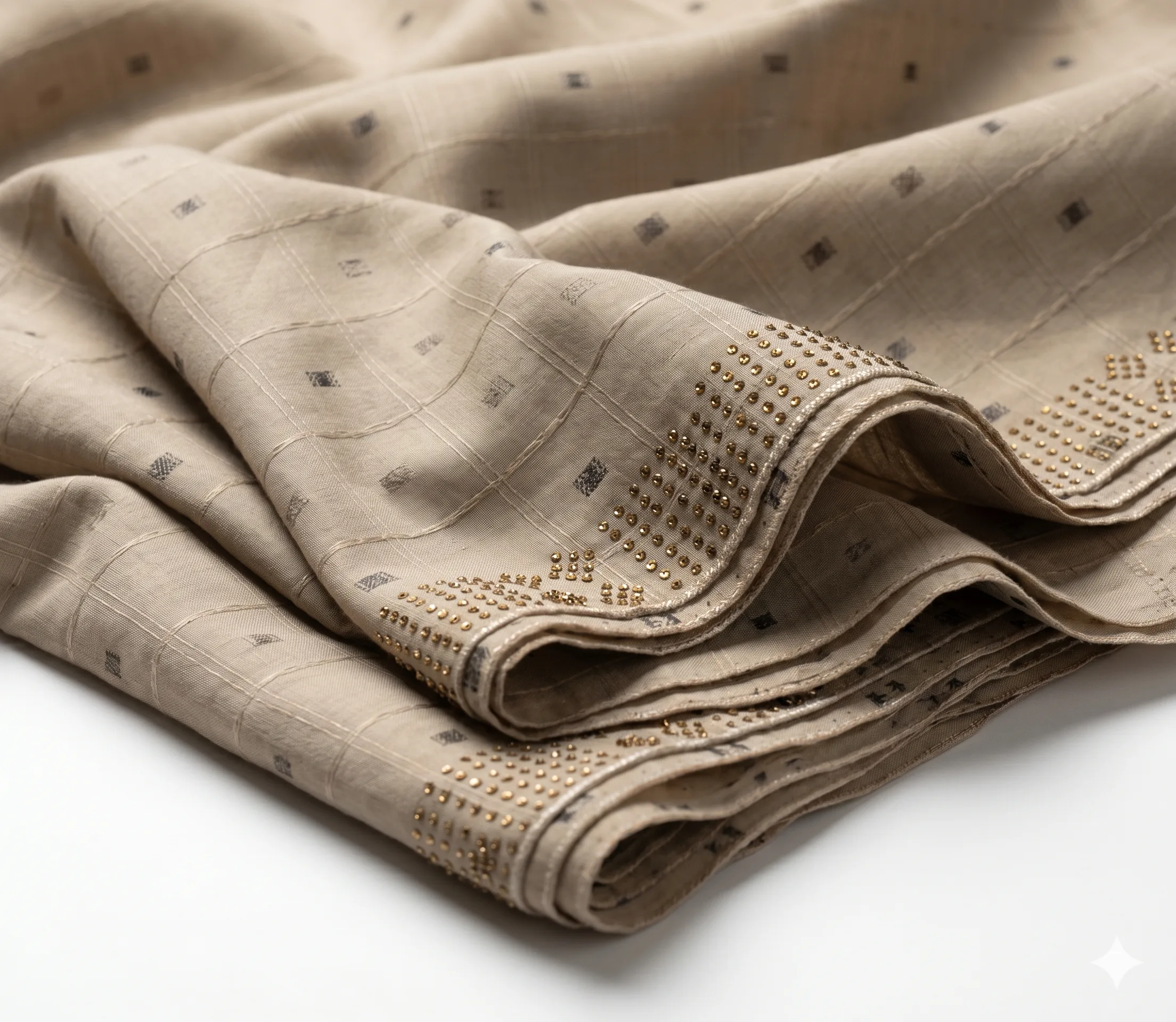 Elegant Nude Beige Handmade Shawl Pakistan With Gold Beadwork - Image 3
