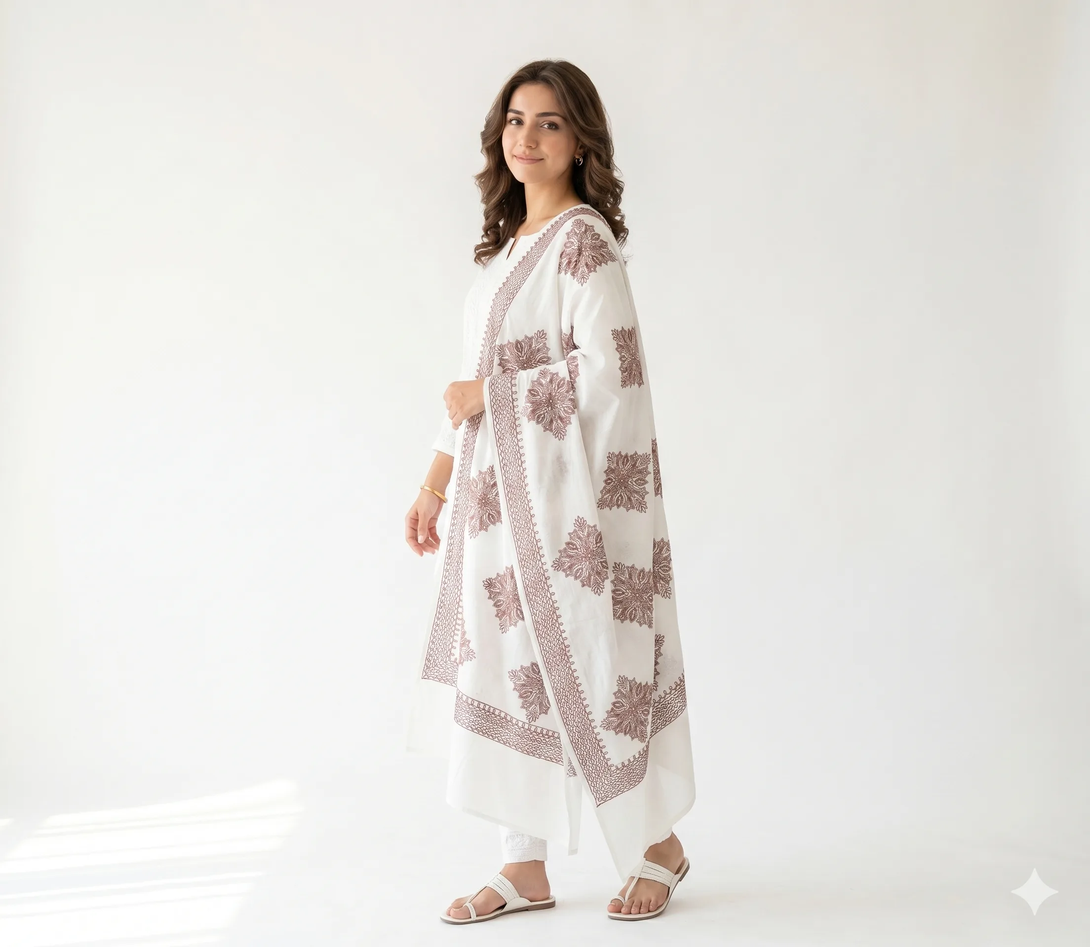 Crisp White Lawn Handmade Shawl Pakistan With Brown Embroidery